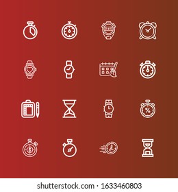 Editable 16 minute icons for web and mobile. Set of minute included icons line Hourglass, Time, Chronometer, Stopwatch, Wristwatch, Schedule, Stopclock, Watch, Clock on red