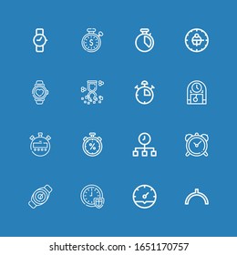 Iconos editables de 16 minutos para web y móvil. Juego de minutos incluidos iconos línea Noon, Clock, Time, Watch, Stopwatch, Stop watch, Hourglass, Chronometer, Wristwatch on blue back.