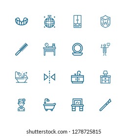Editable 16 mirror icons for web and mobile. Set of mirror included icons line Makeup, Vanity, Bathtub, Dentist, Nightstand, Bathroom, Reflection, Mirror, Dressing table on white background