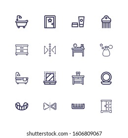 Editable 16 mirror icons for web and mobile. Set of mirror included icons line Closet, Comb, Reflect, Gum shield, Mirror, Nightstand, Dressing room, Bathtub on white background