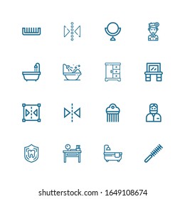 Editable 16 mirror icons for web and mobile. Set of mirror included icons line Comb, Bathtub, Dressing table, Dental, Dentist, Reflection, Reflect, Vanity on white background