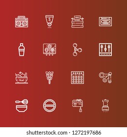 Editable 16 mix icons for web and mobile. Set of mix included icons line Salt, Mixer, Whisk, Measuring spoons, Fruit, Merge, Spices, Shaker, Cassette, Radio cassette on red