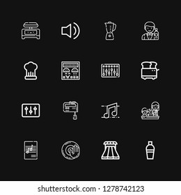 Editable 16 mixer icons for web and mobile. Set of mixer included icons line Shaker, Sliders, Dj music, Music, Cooking, Mixer, DJ, Toaster, Control panel, Barman on black background