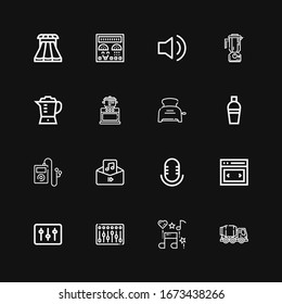 Editable 16 mixer icons for web and mobile. Set of mixer included icons line Concrete mixer, Music, DJ, Slider, Audio, Shaker, Toaster, Cooking, Blender on black background