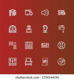 Editable 16 mixer icons for web and mobile. Set of mixer included icons line Dj music, Music, Toaster, Mixer, DJ, Microwave oven, Blender, Cooking, Oven, Dumper, Audio on red