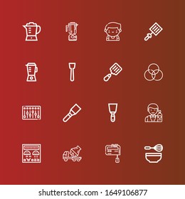 Editable 16 iconos de mezcla para web y móvil. Conjunto de iconos de línea de mezcla incluyendo Whisk, Mixer, coche de cemento, Panel de control, Barman, Espatula, Rgb, Blender en rojo