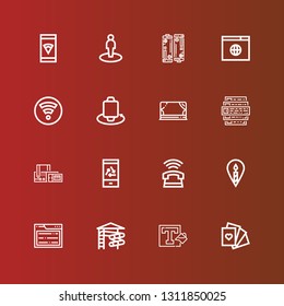 Editable 16 mobile icons for web and mobile. Set of mobile included icons line Cards, Background, Slider, Browser, Location, Phone, Mobile, Scan, Feedback, Stage, Smartwatch on red