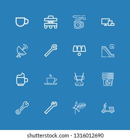 Editable 16 mobility icons for web and mobile. Set of mobility included icons line Scooter, Antenna, Wrench, Cup, Escalator, Cups, Devices, Coffee cup, Walker on blue background