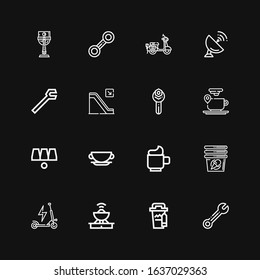Editable 16 mobility icons for web and mobile. Set of mobility included icons line Wrench, Coffee cup, Antenna, Scooter, Cup, Cups, Escalator on black background