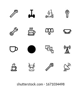 Bearbeitbar 16 Mobilitätssymbole für Web und Mobile. Mobilitätssatz inklusive Ikonen-Reihe Antenna, Schlüssel, Kaffeetasse, Geräte, Escalator, Cup, Cups, Scooter auf weißem Hintergrund