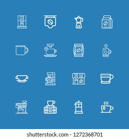 Editable 16 mocha icons for web and mobile. Set of mocha included icons line Cup, French press, Break, Coffee shop, Coffee machine, Mug, Coffee, Coffee cup on blue background