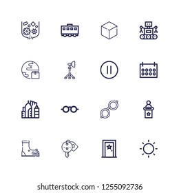 Editable 16 modern icons for web and mobile. Set of modern included icons line Sun, Door, Hotel key, Boot, Speech, Glasses, Sunglasses, Urban, Calendar, Pause on white background