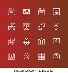 Editable 16 modern icons for web and mobile. Set of modern included icons line Camera, Calculate, Joy, Democracy monument, Monitor, Fence, Chandelier, Map, Bomb, Hidrive on red