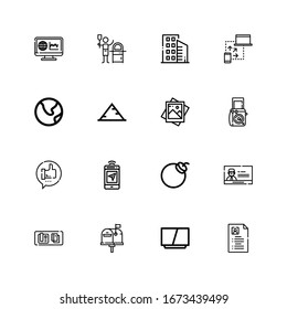 Editable 16 iconos modernos para web y móvil. Conjunto moderno de iconos incluidos línea Curriculum vitae, Television, Correo electrónico, Tabla, Perfil, Bomba, Smartphone, Como en fondo blanco