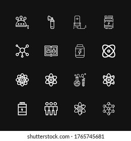 Editable 16 iconos moleculares para web y móvil. Conjunto de íconos moleculares incluidos línea Molécula, Atom, Clonación, Proteínas, Química, Física, Oxígeno, Ciencia sobre fondo negro