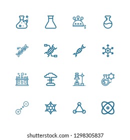 Editable 16 molecule icons for web and mobile. Set of molecule included icons line Physics, Molecules, Graphene, Gravity, Flask, Chemical, Nuclear, Chemistry on white background