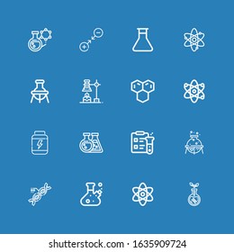 Editable 16 molecule icons for web and mobile. Set of molecule included icons line Transgenics, Atom, Flask, Dna, Science, Proteins, Molecule, Chemical, Gravity on blue background