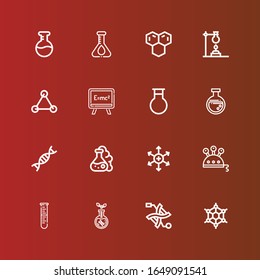 Editable 16 Molecule Icons For Web And Mobile. Set Of Molecule Included Icons Line Graphene, Dna, Transgenics, Lab, Science, Positive Ion, Flask, Genetic, Formula, Molecules On Red