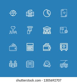Editable 16 money icons for web and mobile. Set of money included icons line Trolley, Dealer, Chest, Coin, Strongbox, Wallet, Calculator, Cards, Bank, Atm, Donors on blue background