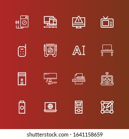 Editable 16 monitor icons for web and mobile. Set of monitor included icons line Layout, Guillotine, Laptop, Baby powder, Design, Monitor, Computer, Typography, Multimeter on red