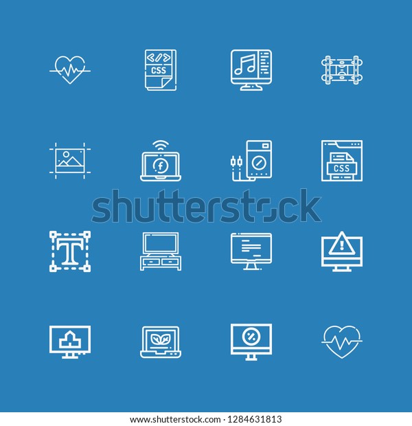 Editable 16 monitor\
icons for web and mobile. Set of monitor included icons line\
Cardiogram, Computer, Laptop, Monitor, Television, Typography, Css,\
Voltmeter on blue\
background