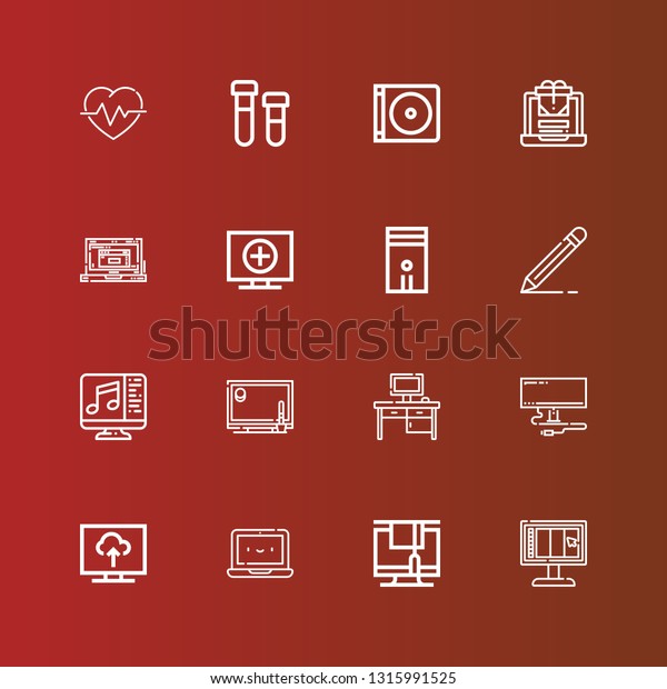 Editable 16 monitor\
icons for web and mobile. Set of monitor included icons line\
Design, Monitor, Laptop, Television, Desktop, Drawing tablet,\
Computer, Edit, Dvd, Printing on\
red