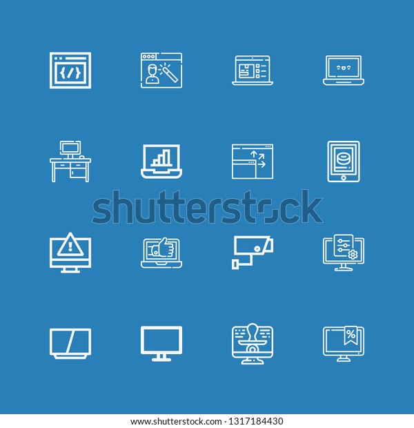 Editable 16 monitor\
icons for web and mobile. Set of monitor included icons line\
Monitor, Computer, Television, Tv, Security camera, Laptop, Tablet,\
Screen on blue\
background