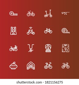 Editable 16 iconos monocromos para web y móvil. Conjunto de iconos monocromáticos incluidos línea Bicicleta, Arco, Gachas, Correas, Lámpara de aceite, Cinta de medida, Gafas inteligentes en rojo