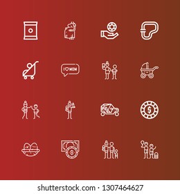 Editable 16 mother icons for web and mobile. Set of mother included icons line Family, Chip, Nest, Buggy, Father, Uncle, Stroller, Neglect, Mom, Circuit, Chips, Pregnant on red