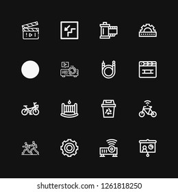 Editable 16 motion icons for web and mobile. Set of motion included icons line Projector, Gear, Marathon, Bicycle, Recycling, Cradle, Clapperboard, Escalator on black background