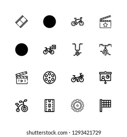 Editable 16 motion icons for web and mobile. Set of motion included icons line Finish flag, Gear, Strip, Bicycle, Projector, Film reel, Movie, Escalator, Clapperboard on white background