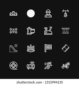 Editable 16 motion icons for web and mobile. Set of motion included icons line Bicycle, Running, Projector, Film reel, Movie film, Finish flag, Cradle, Escalator on black background
