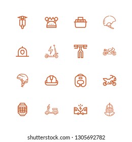 Editable 16 motorcycle icons for web and mobile. Set of motorcycle included icons line Helmet, Accident, Scooter, Motorbike, Boxing helmet, Motorcycle, Handlebar on white background