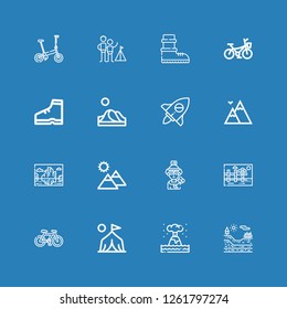Editable 16 mountain icons for web and mobile. Set of mountain included icons line Geology, Eruption, Camp, Bicycle, Landscape, Skier, Mountain, Mountains, Adventure on blue background