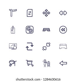 Editable 16 move icons for web and mobile. Set of move included icons line Back, Vertical, Wheelbarrow, Step, Resize, Repeat, Touch screen, Backward, Safecopy backup on white background