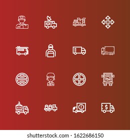 Editable 16 moving icons for web and mobile. Set of moving included icons line Truck, Delivery truck, Terra, Courier, Delivery man, Van, Move on red