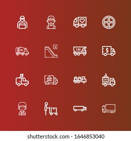 Bearbeitbar 16 bewegte Symbole für Web und Mobile. Reihe bewegungsinklusive Ikonen Linie LKW, Lastwagen, Liefermann, Kurier, Lieferwagen, Van, Escalator, Terra auf Rot