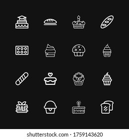 Editable 16 muffin icons for web and mobile. Set of muffin included icons line Bread, Cake, Cupcake, Pancake, Baguette, Muffin on black background