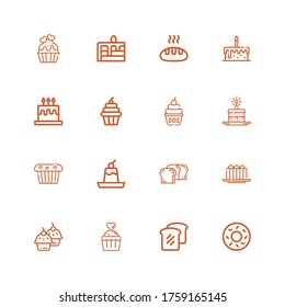 Editable 16 muffin icons for web and mobile. Set of muffin included icons line Bagel, Bread, Cupcake, Cake, Pudding, Muffin, Birthday cake on white background