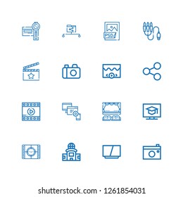 Editable 16 multimedia icons for web and mobile. Set of multimedia included icons line Camera, Television, Movie, Cinema, Devices, Film, Share, Video, Clapperboard on white background