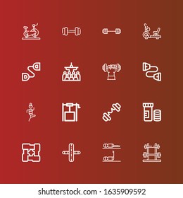 Editable 16 muscle icons for web and mobile. Set of muscle included icons line Dumbbell, Fitness, Gym, Arms, Vitamins, Barbell, Well, Chest expander, Mass, Stationary bike on red