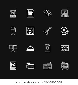 Editable 16 music icons for web and mobile. Set of music included icons line Radio, Video, Propaganda, Music file, Bell, Drum, Alarm bell, Balalaika, Turntable on black background
