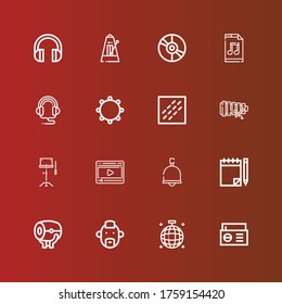 Editable 16 music icons for web and mobile. Set of music included icons line Radio, Mirror ball, Punk, Drum, Note, Bell, Video, Orchestra, Xylophone, Noise, Tambourine on red