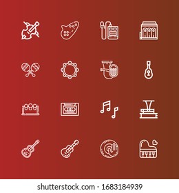 Editable 16 musical icons for web and mobile. Set of musical included icons line Piano, Dj music, Guitar, Phonograph, Music, Cassette, Drums, Tuba, Tambourine, Maracas on red