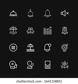 Editable 16 mute icons for web and mobile. Set of mute included icons line Bell, Audio player, Alarm bell, Notification, Pause, Volume, Bells, Mute on black background
