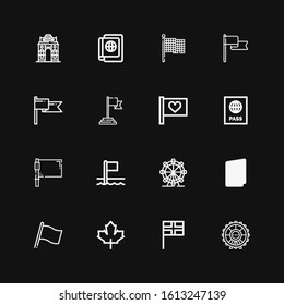 Editable 16 nation icons for web and mobile. Set of nation included icons line London eye, Flag, Maple leaf, Passport, Flags, India gate on black background