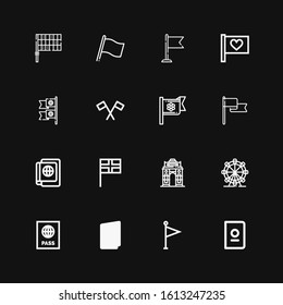 Editable 16 nation icons for web and mobile. Set of nation included icons line Passport, Flag, London eye, India gate, Flags on black background