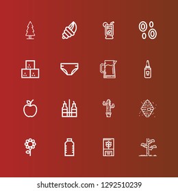 Editable 16 natural icons for web and mobile. Set of natural included icons line Tree, Plant, Water, Flower, Beehive, Plants, Vinegar, Apple, Mayonnaise, Pitcher, Diaper on red