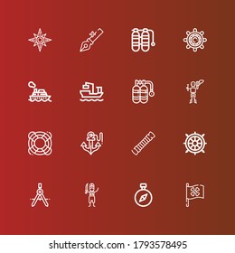 Editable 16 nautical icons for web and mobile. Set of nautical included icons line Pirate flag, Compass, Pirate, Helm, Rope, Anchor, Lifesaver, Oxygen, Cargo ship, Cruise on red