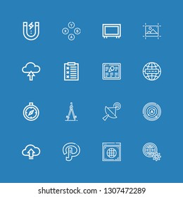 Editable 16 navigation icons for web and mobile. Set of navigation included icons line Internet, Path, Upload, Radar, Satellite, Compass, Menu, Report, Editing on blue background